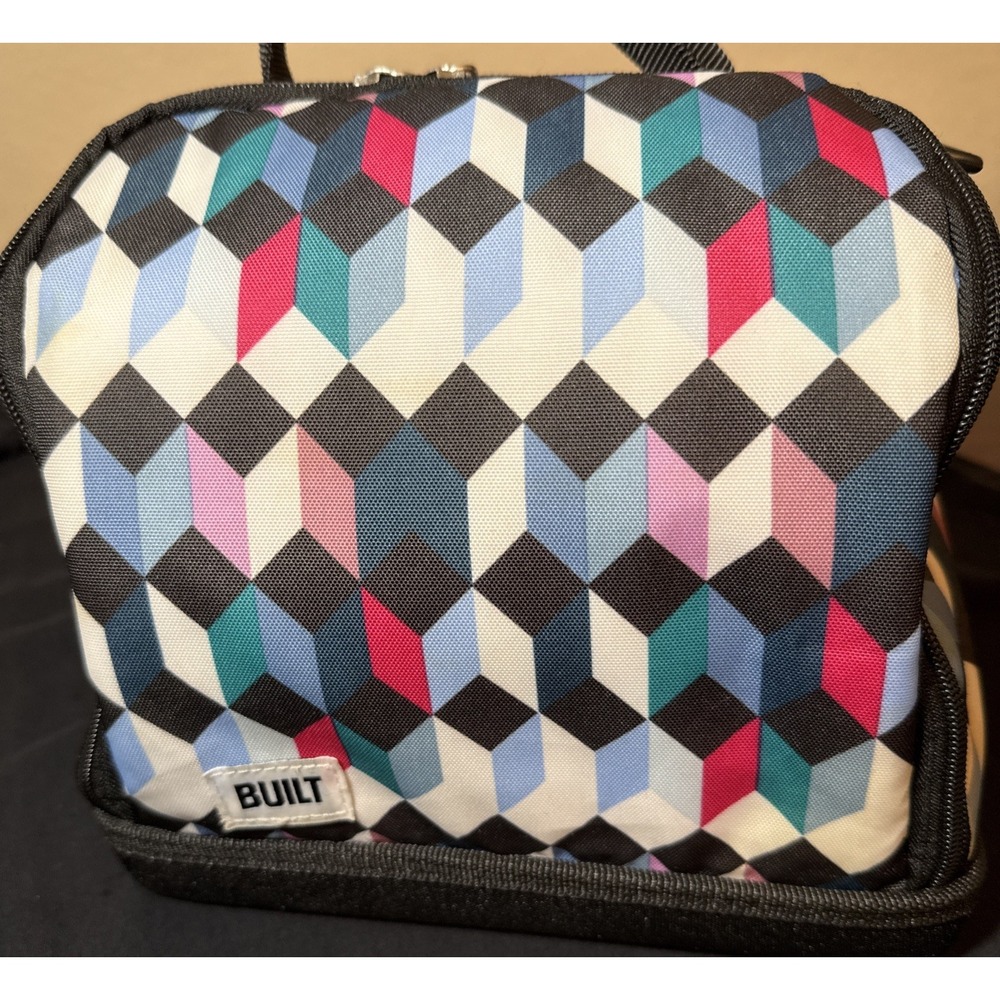 Built NY Insulated Lunch Bag Geometric 3D Cube Pattern Blue Pink Teal Cooler
